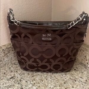 Coach Brown Jacquard Shoulder Bag with Silver Hardware